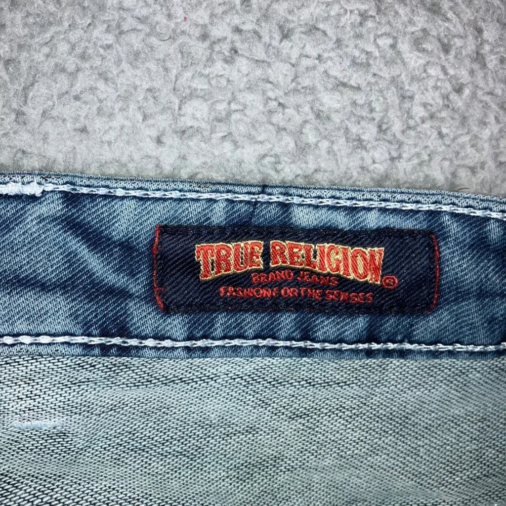 True Religion Jeans Men 32X28 Low Rise Skinny‎ Blue Thick Stitch Logo Distressed